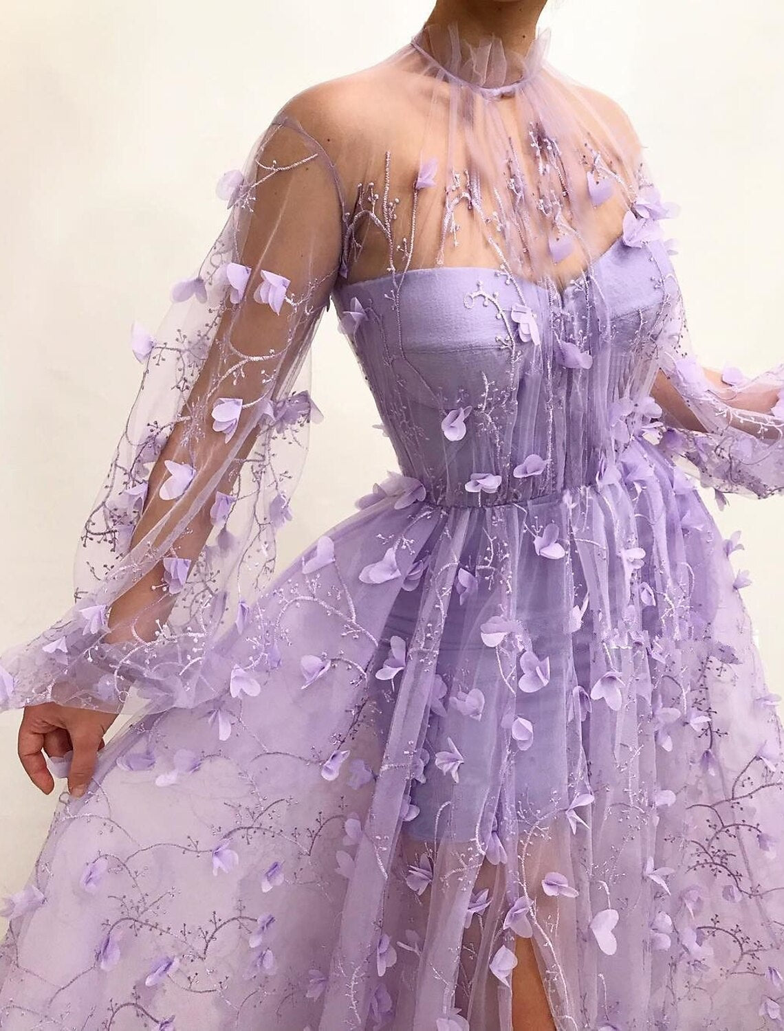 Vestidos de fiesta de corte A, vestido floral, para invitada de boda, largo hasta el suelo, manga larga, cuello en V, tul con apliques